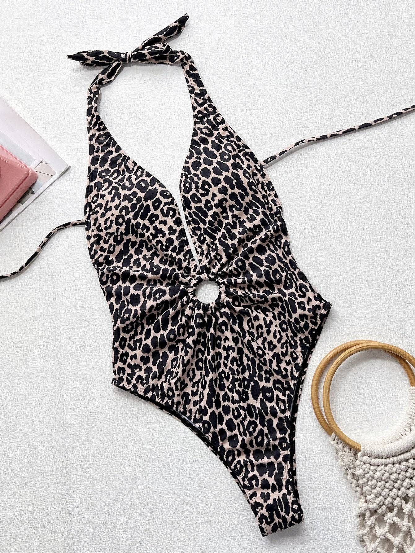 Leopard print one-piece swimsuit with halter neck and ring detail