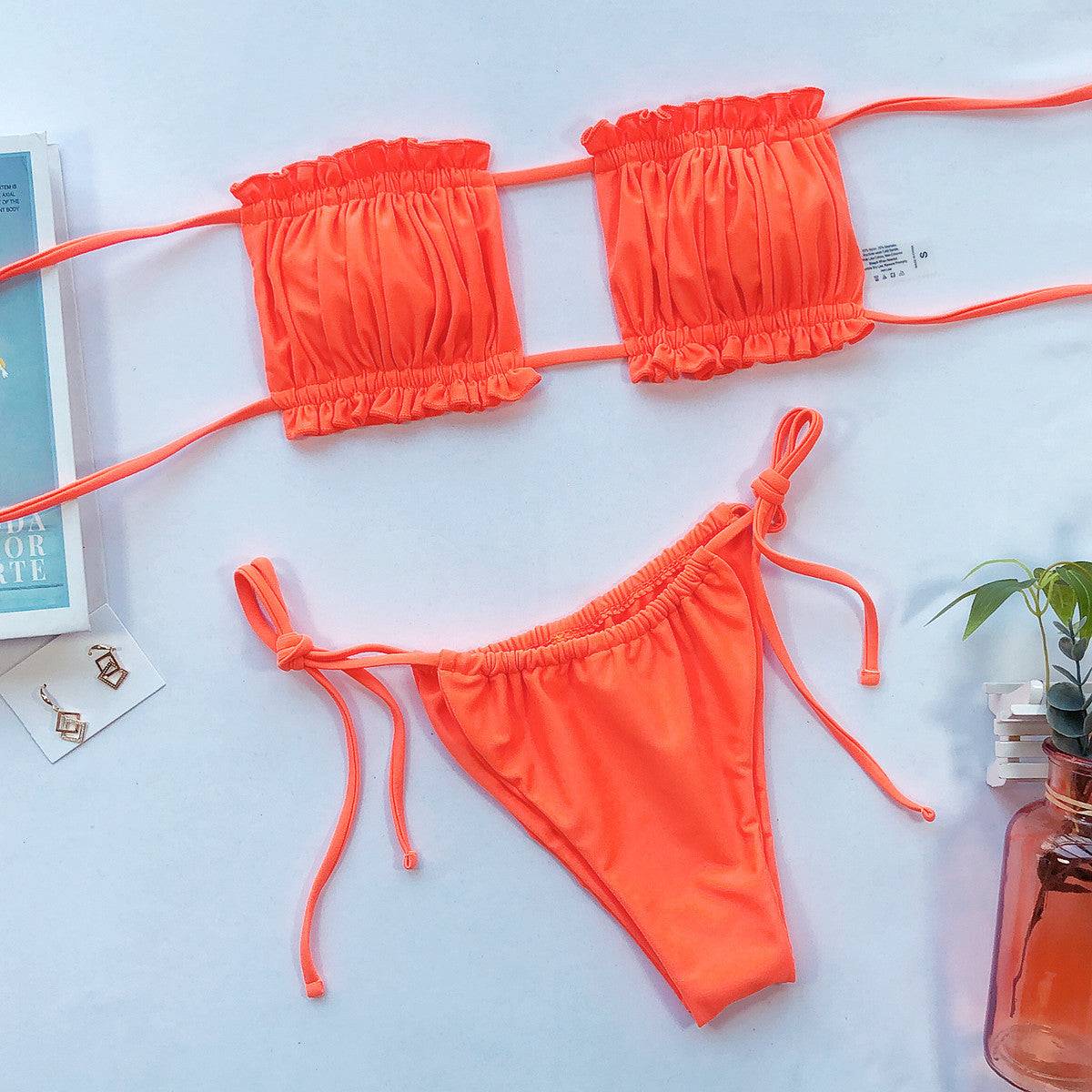 Orange frill trim ruched bikini set flat lay