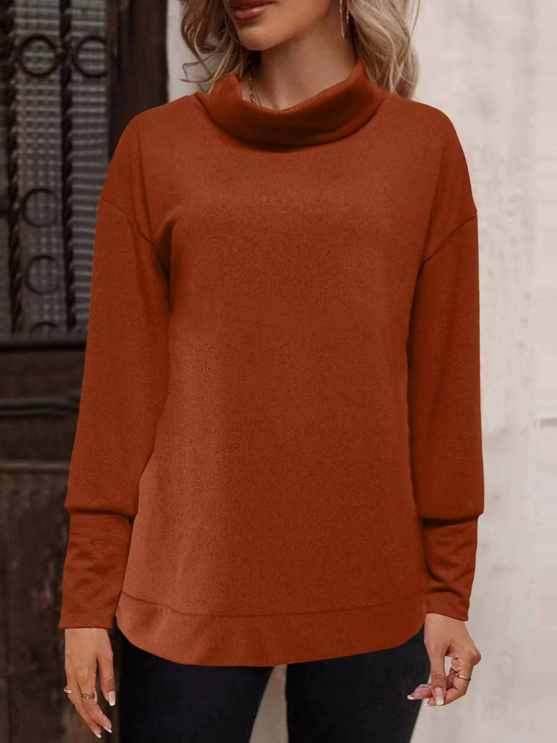 Orange full size mock neck long sleeve t-shirt, front view