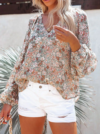 Full Size Floral Print V-Neck Long Sleeve Blouse Plus Size