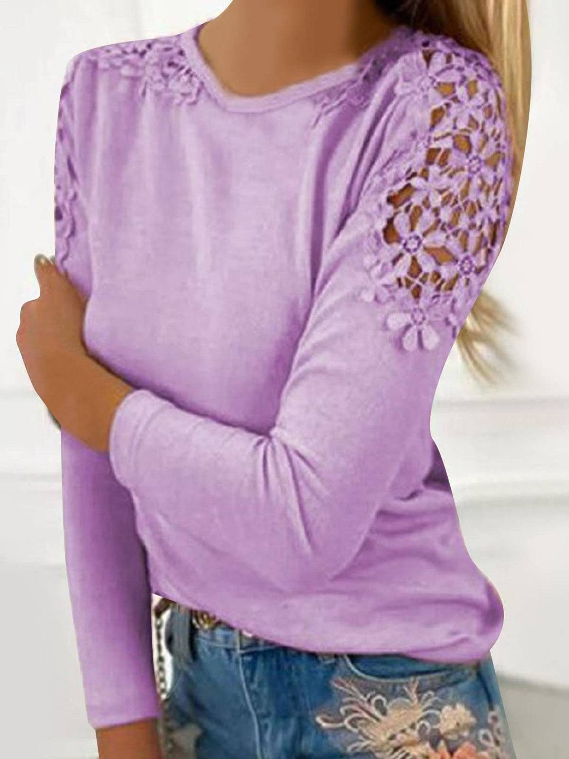 Purple cutout round neck long sleeve t-shirt with lace details