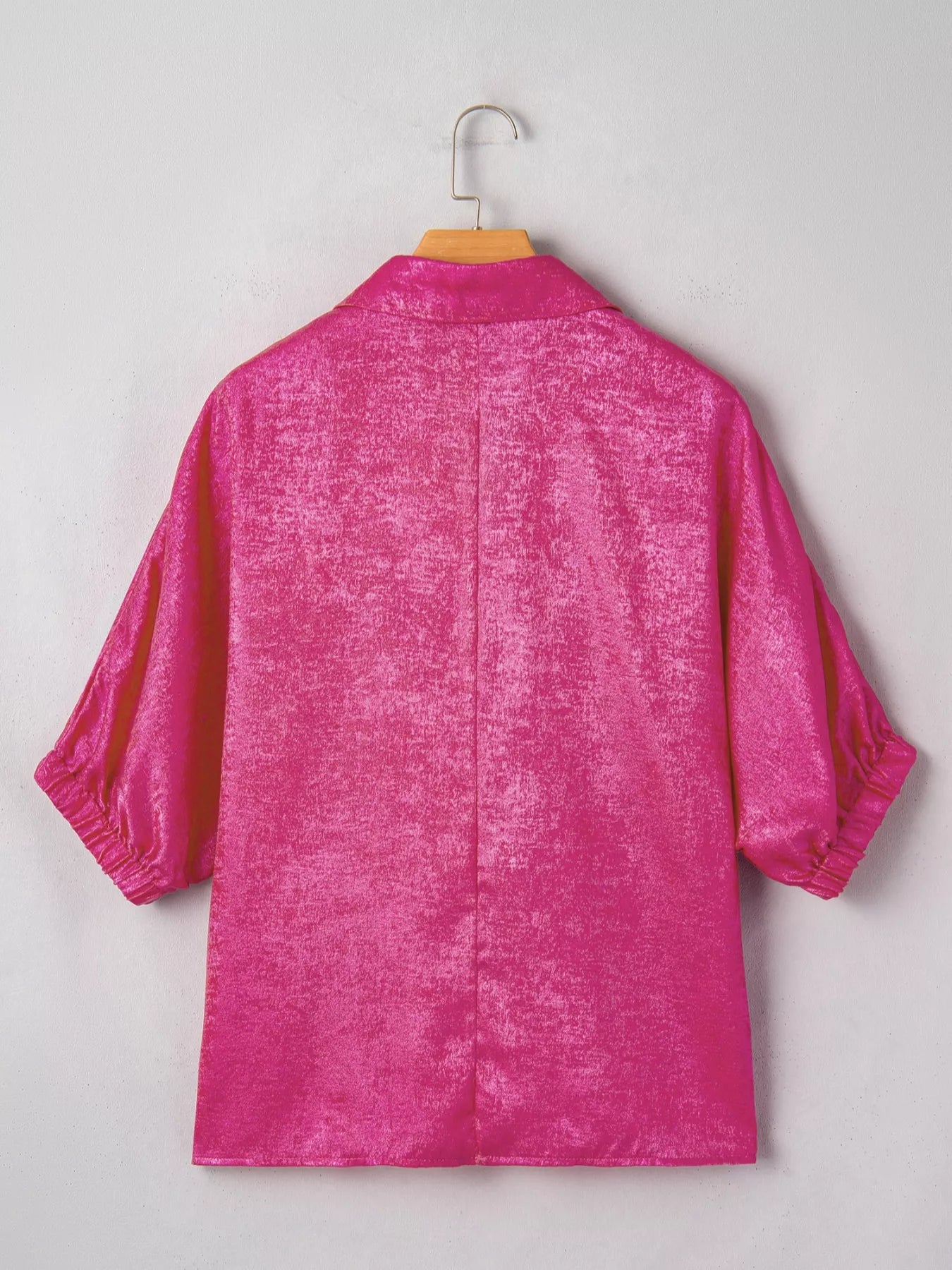 Collared V Neck Half Sleeve Metallic Top