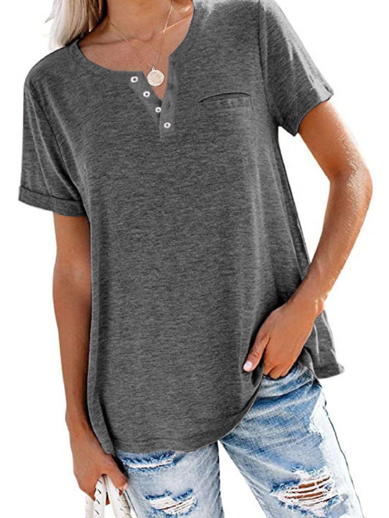 Full Size Casual Button-Front Pocket T-Shirt Plus Size