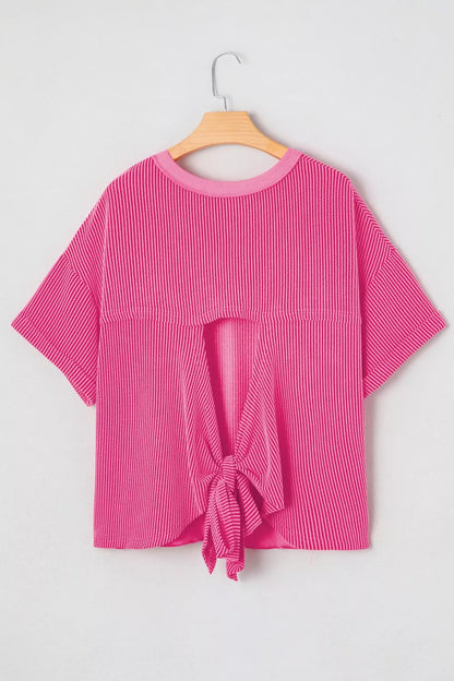 Spiral Ribbed Cutout Bow Knot Back Oversize Top