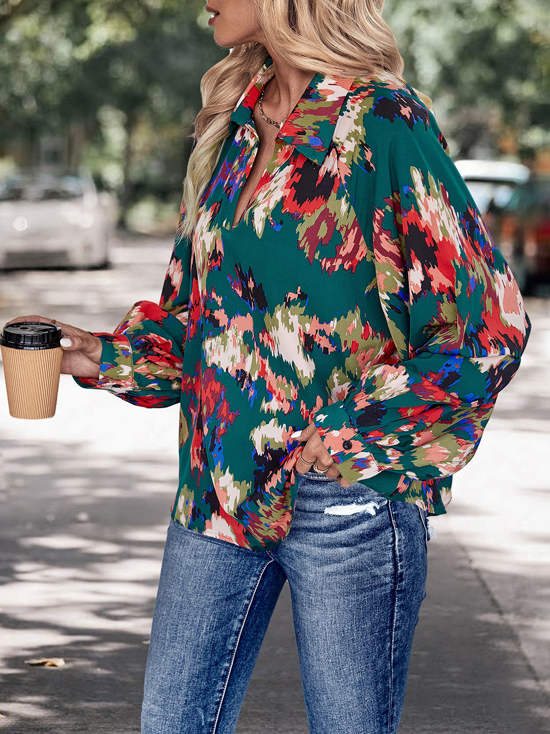 Perfee Printed Johnny Collar Long Sleeve Blouse