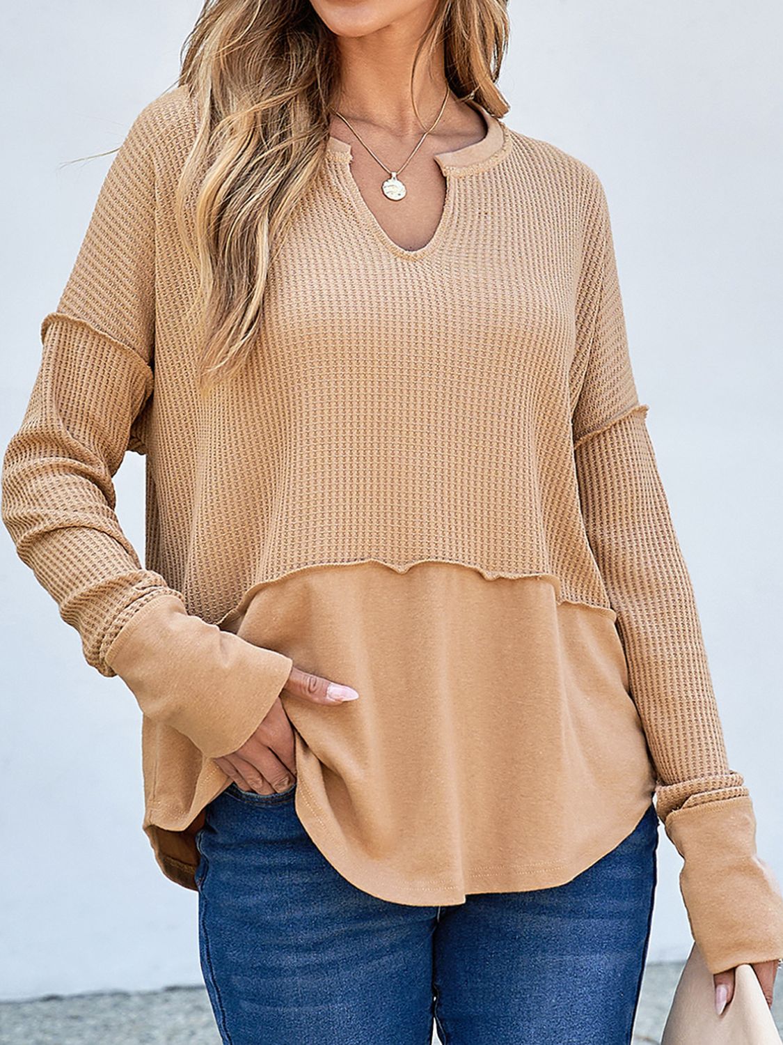 Waffle-Knit Notched Long Sleeve T-Shirt