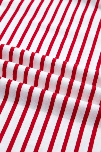 Stripe Contrast Trim Round Neck Short Puff Sleeve T Shirt