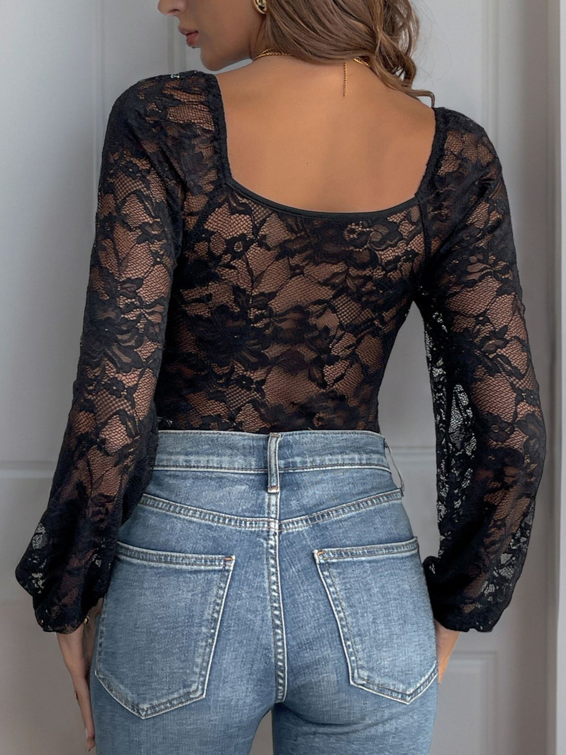 Perfee Lace V-Neck Long Sleeve Bodysuit