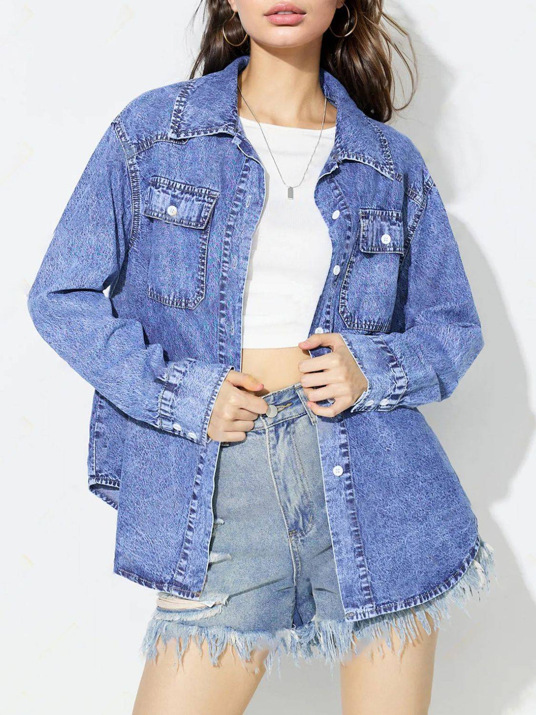 Curved hem collared neck denim top, front view