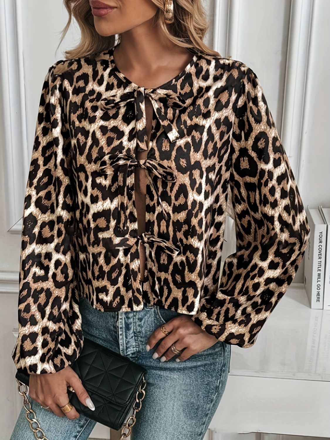 Tied Leopard Round Neck Long Sleeve Top