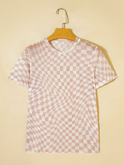 heckered Print Crew Neck Mesh T Shirt