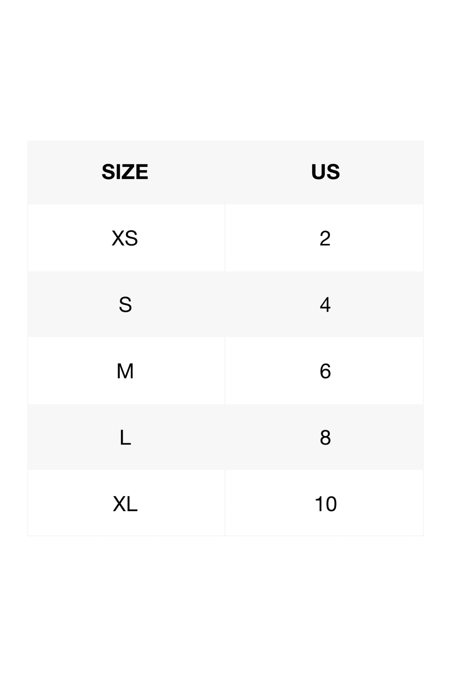 Size chart for zip front split swimsuit