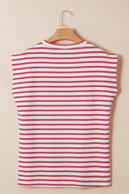 Stripe Textured Knit Button Detail Short Sleeve Casual Tee