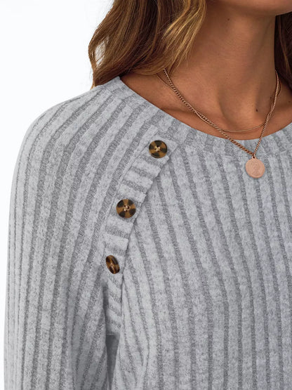 Ribbed Knit Decor Button Long Sleeve T-Shirt