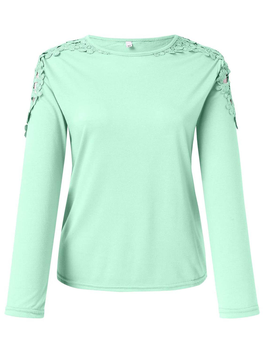 Front view of green cutout round neck long sleeve t-shirt