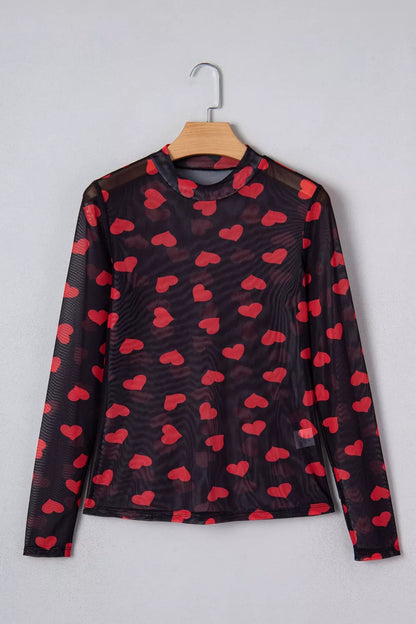 Valentines Heart Printed Sheer Mesh Long Sleeve Top