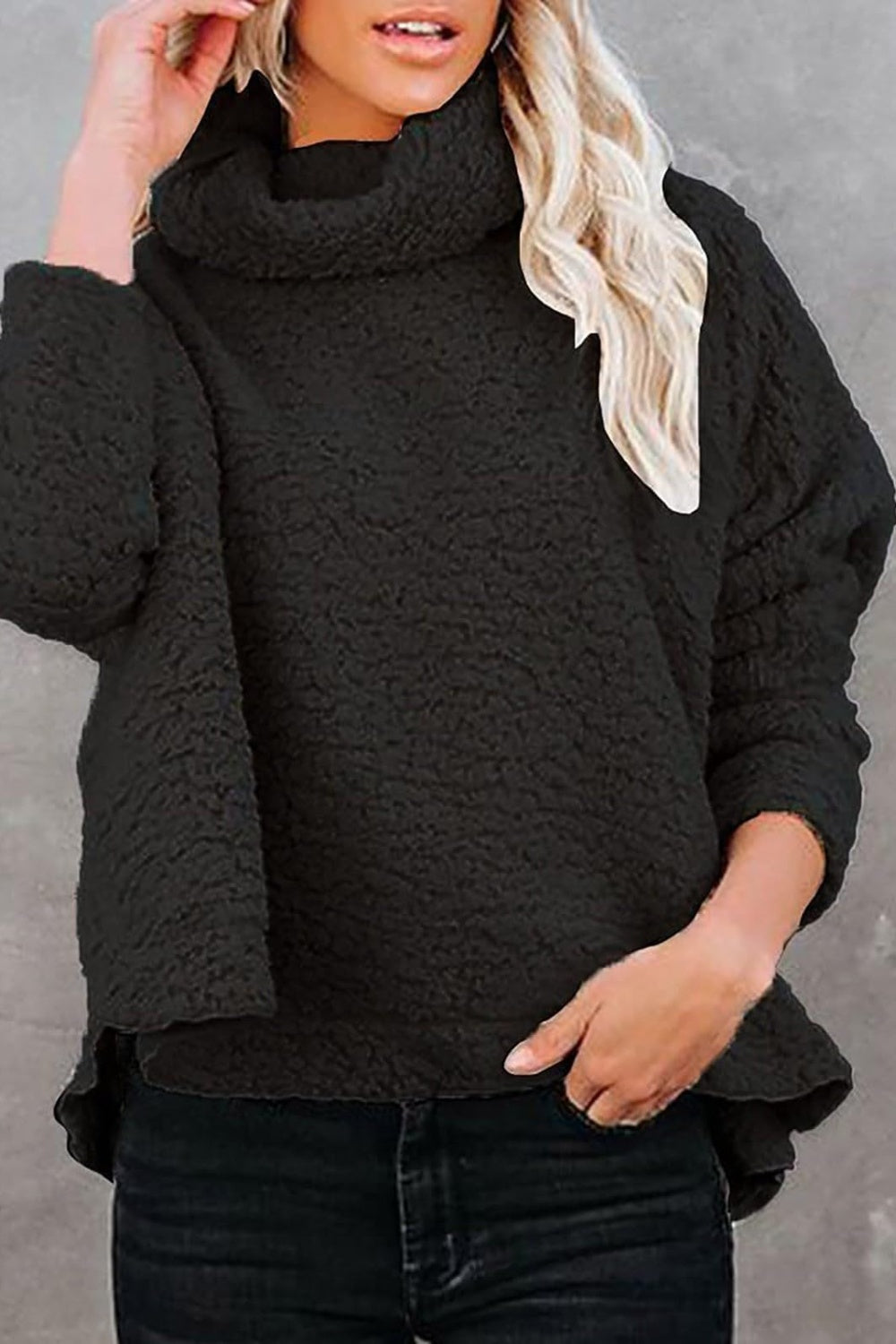 Fuzzy Turtleneck Long Sleeve Sweatshirt