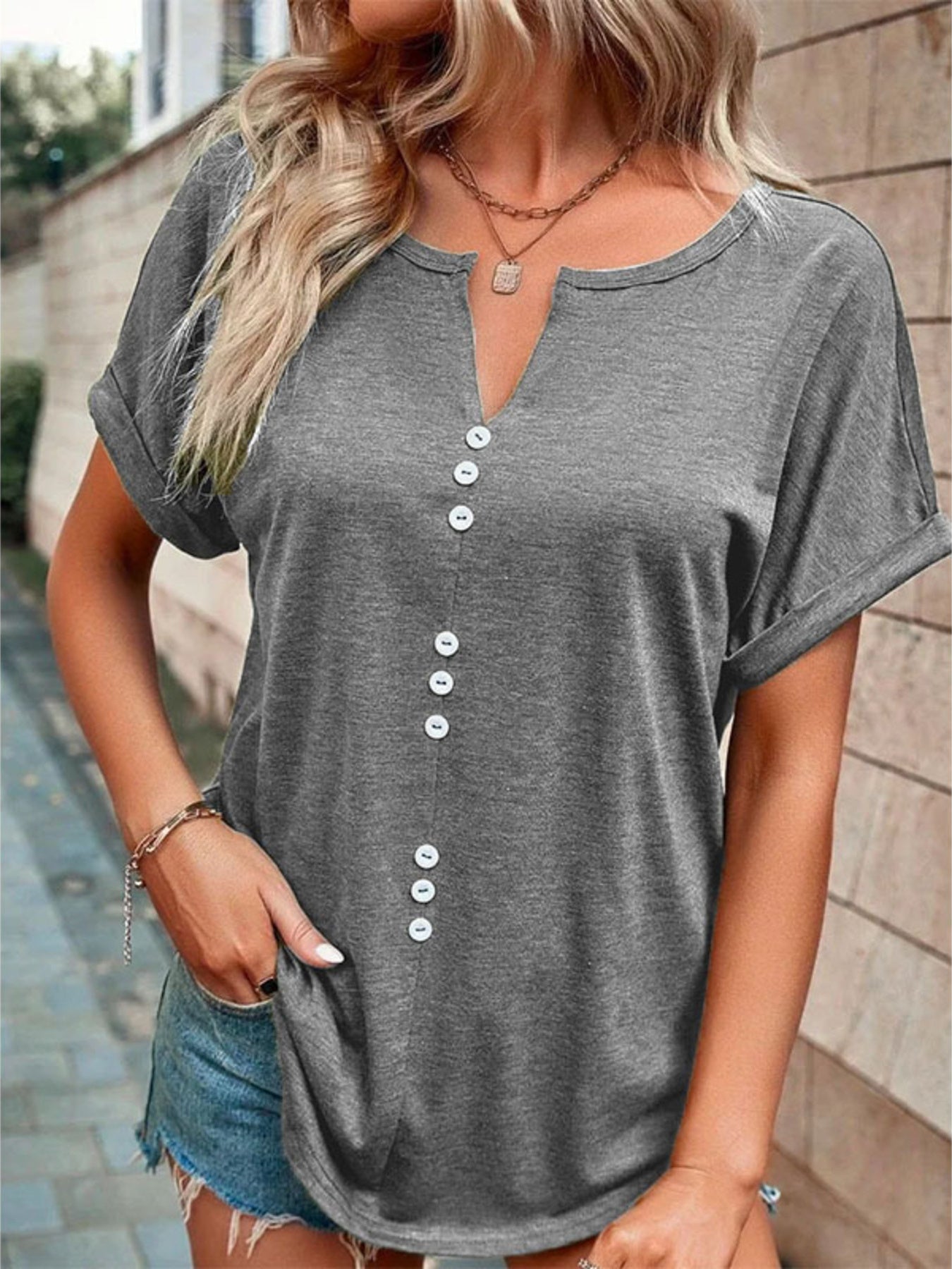 Full Size Decor Button Short Sleeve T-Shirt Plus Size