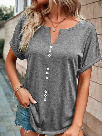 Full Size Decor Button Short Sleeve T-Shirt Plus Size