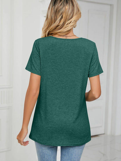 Green ruched V-neck short sleeve T-shirt back view