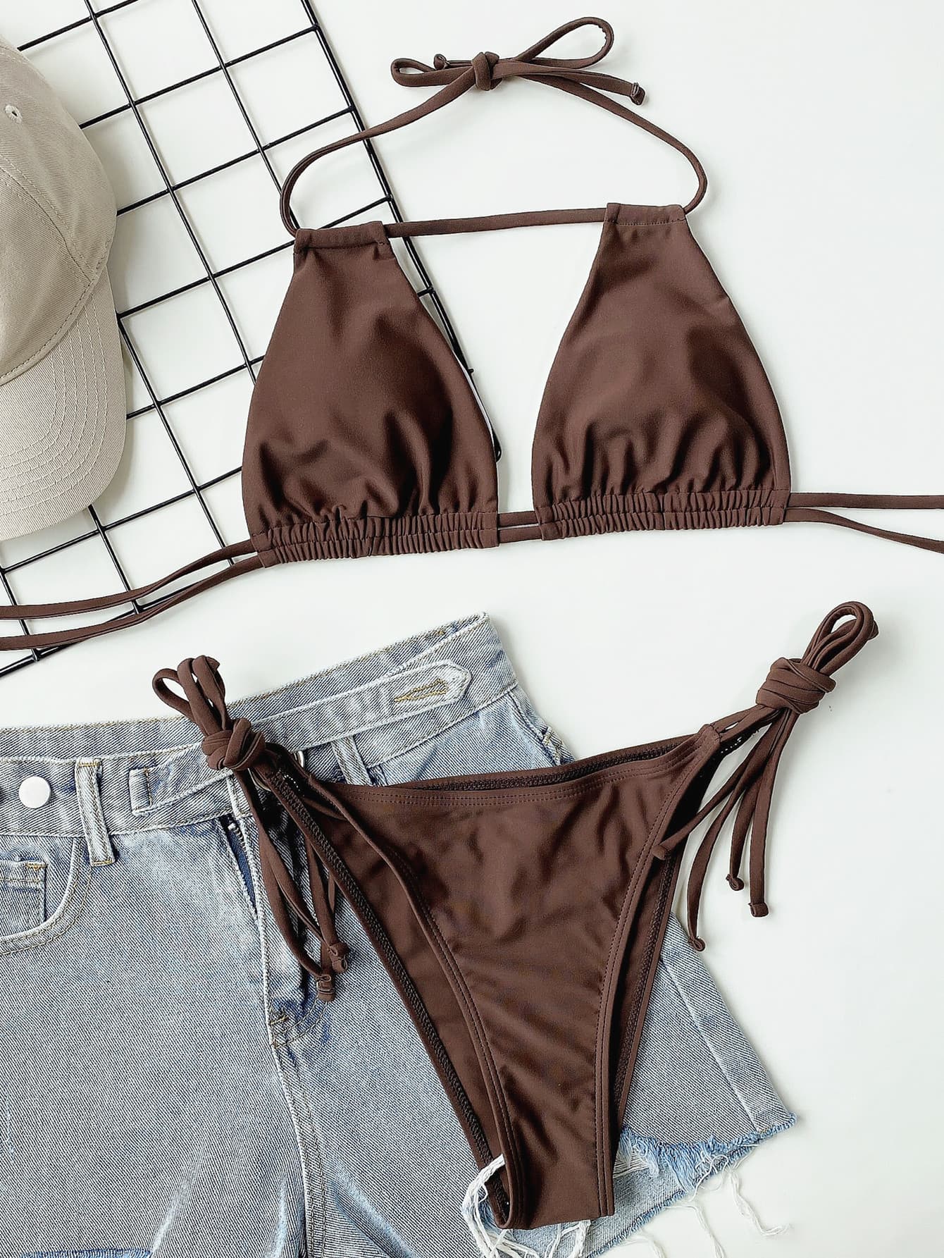 Brown halter neck ruched bikini set with denim shorts