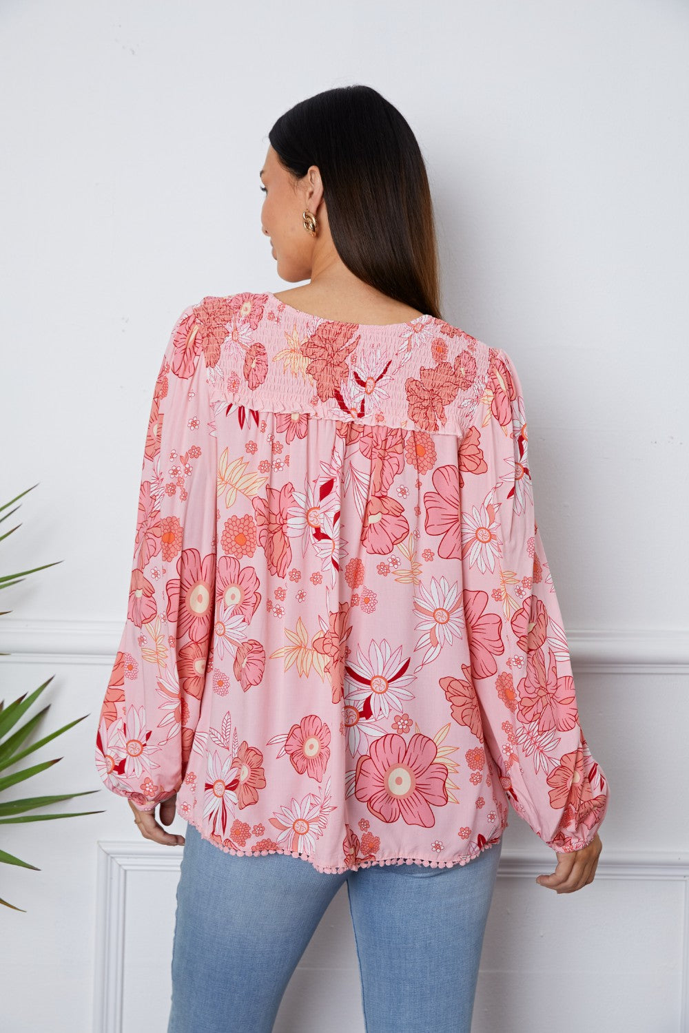 Floral Smocked Tassel Tie Balloon Sleeve Blouse