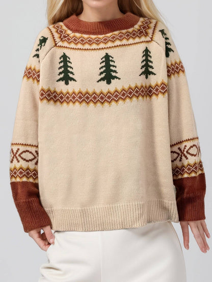 Graphic round neck sweater with tree design, alternate front view