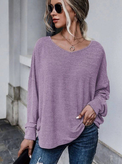 Purple drop shoulder long sleeve T-shirt, casual style