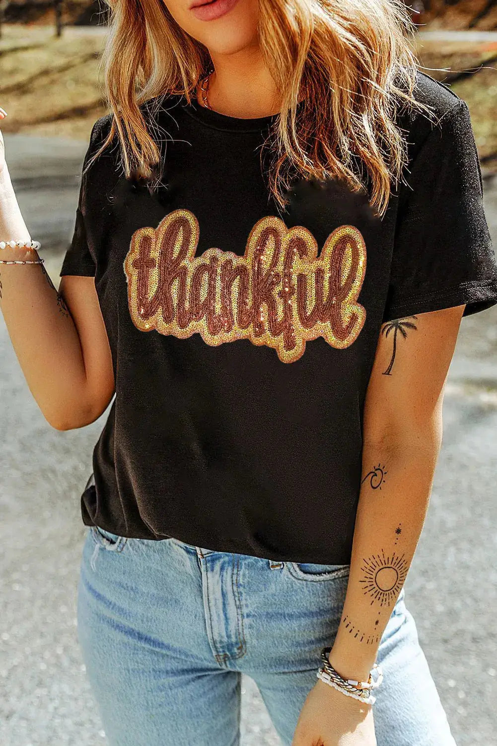 THANKFUL sequin round neck short sleeve T-shirt front view