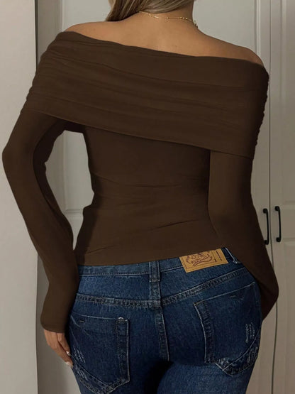 Off-Shoulder Ruched Long Sleeve T-Shirt