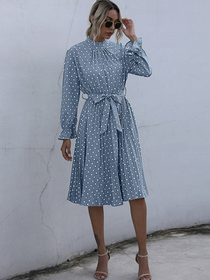 Robe Slim à manches longues et col roulé plissé pour femmes, Vintage, à pois 