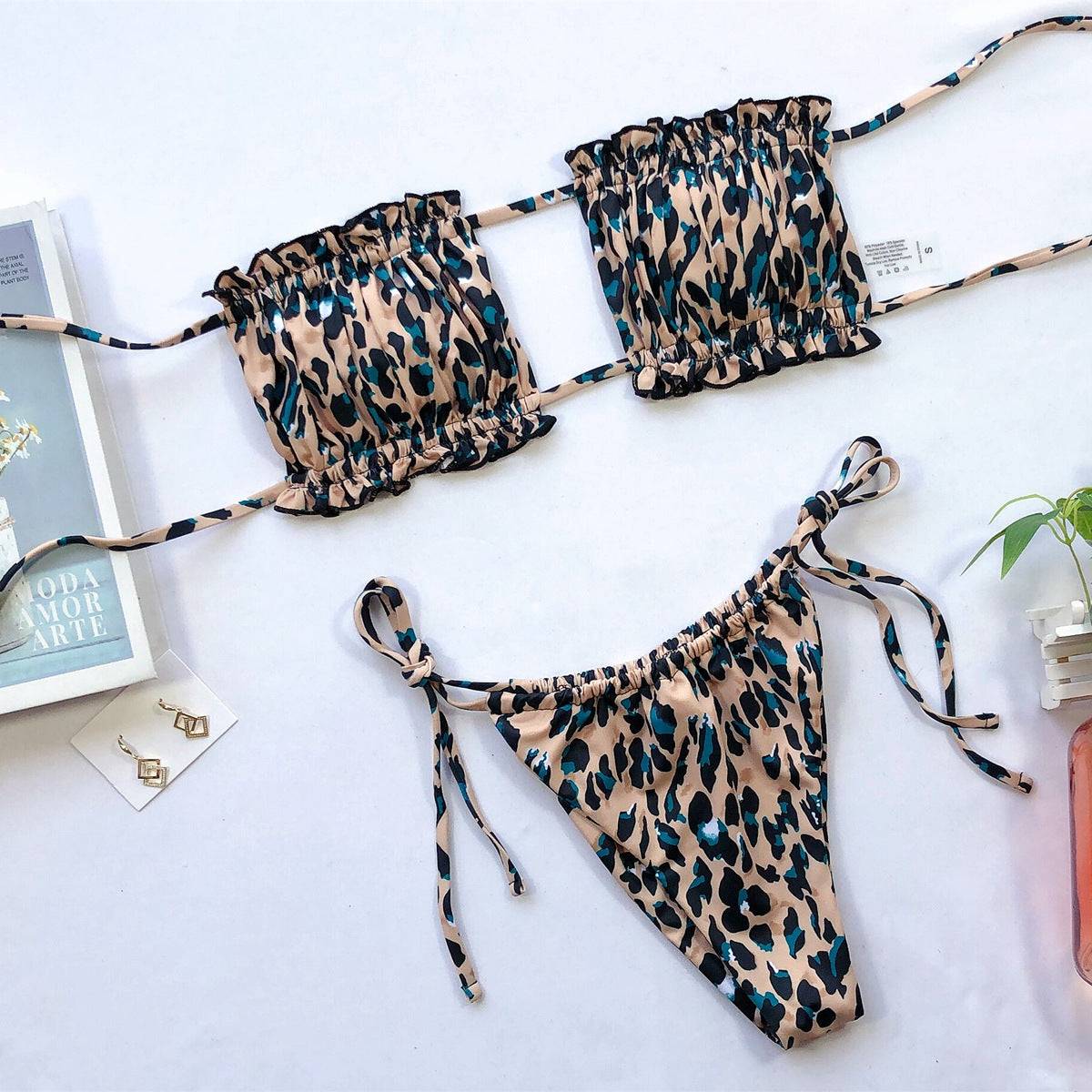 Leopard print frill trim ruched bikini set laid flat