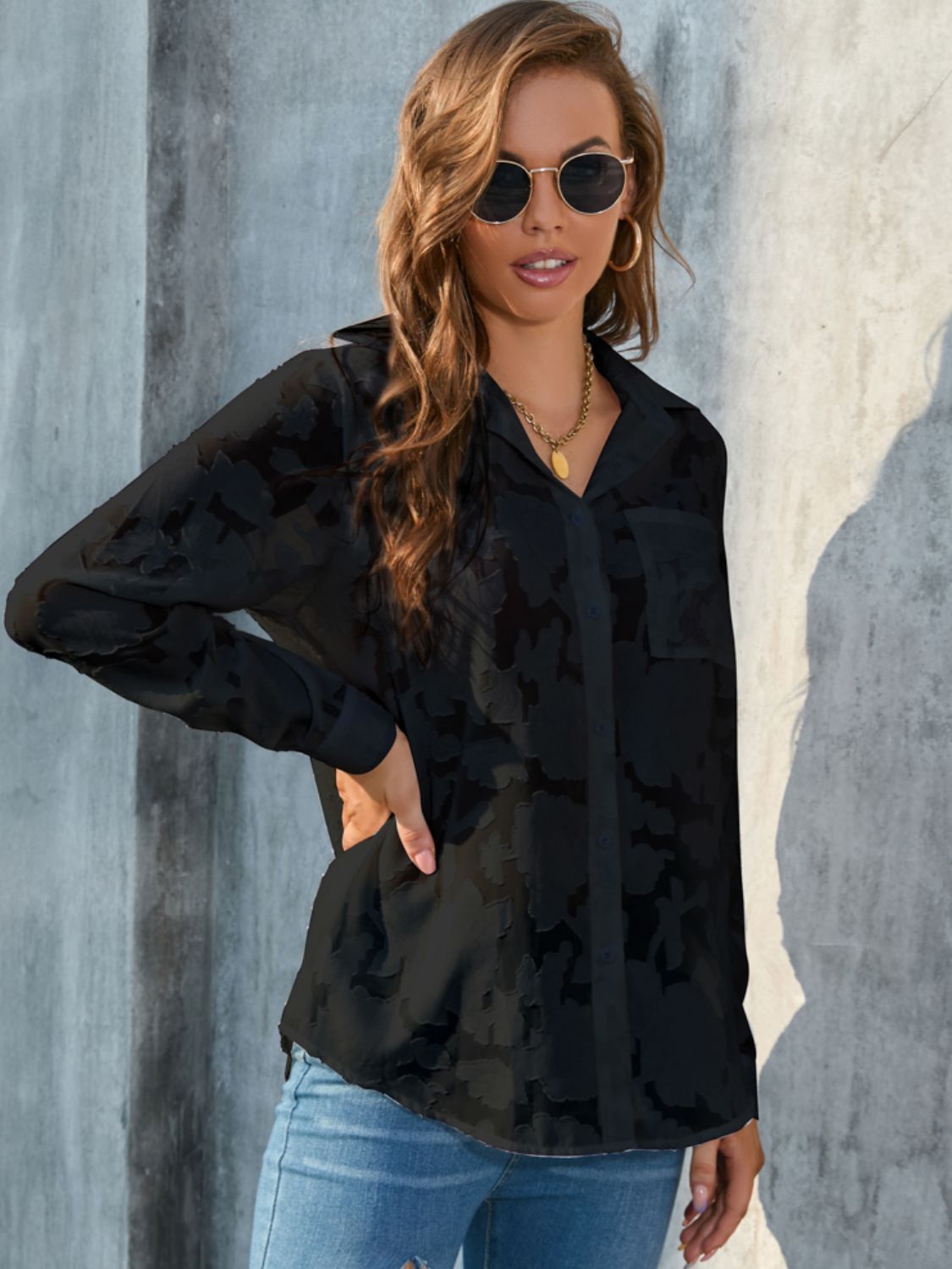 Full Size Collared Neck Long Sleeve Shirt Plus Size