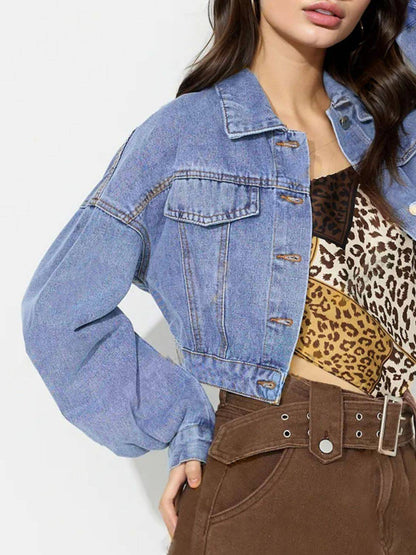 Collared Neck Dropped Shoulder Cropped Denim Top