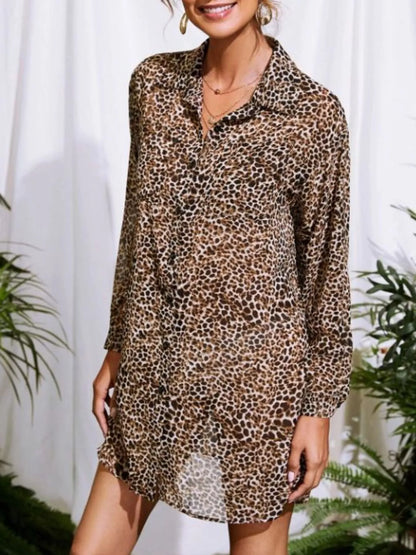 Leopard Print Button-Up Long Sleeve Oversized Shirt