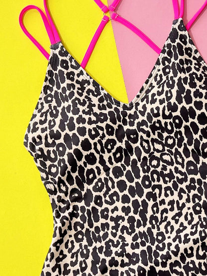 Close-up of leopard swimwear with pink straps