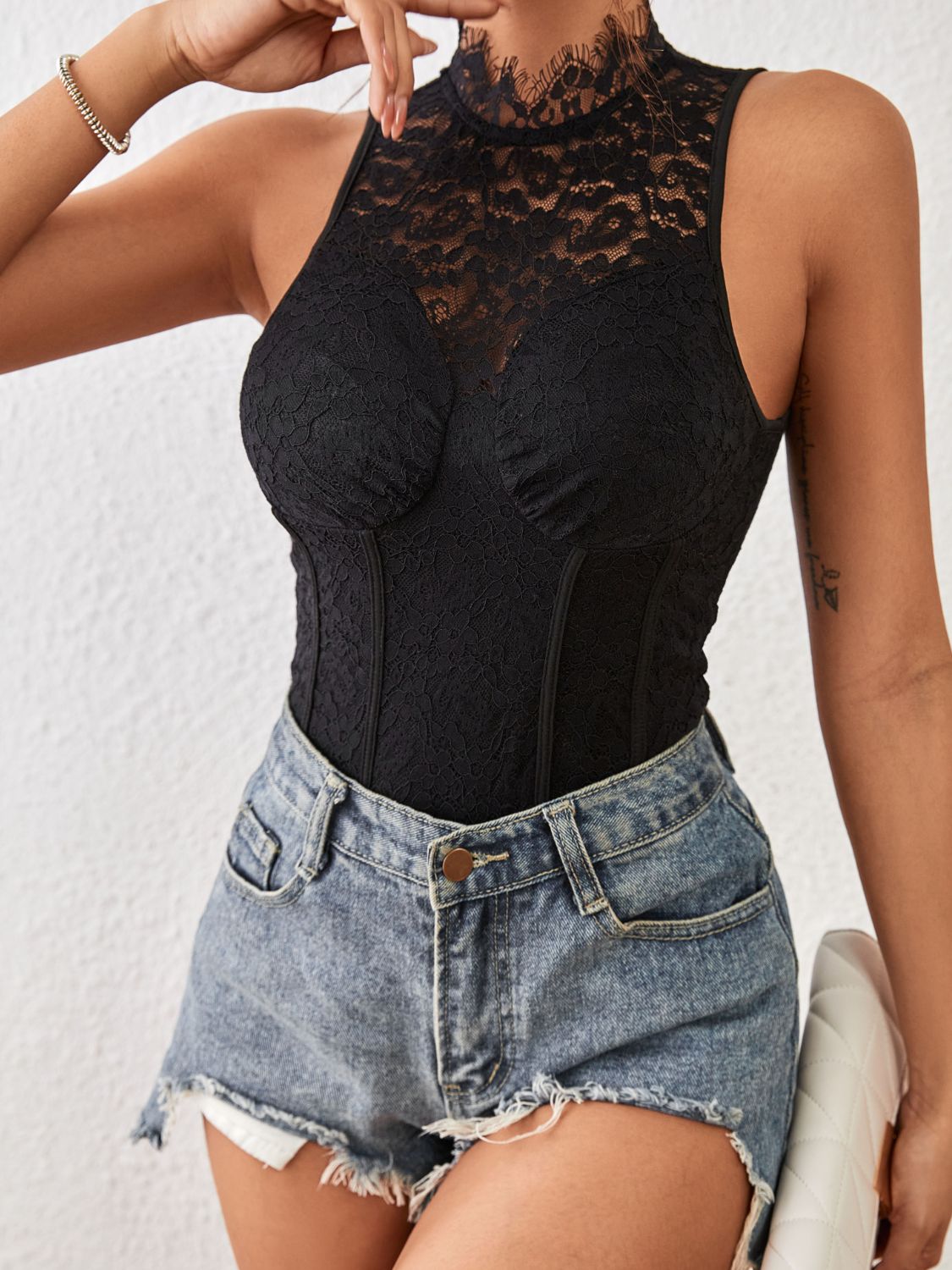 Perfee Mock Neck Sleeveless Lace Bodysuit