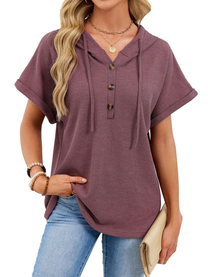 Casual Waffle Knit Button Detail Hooded Top