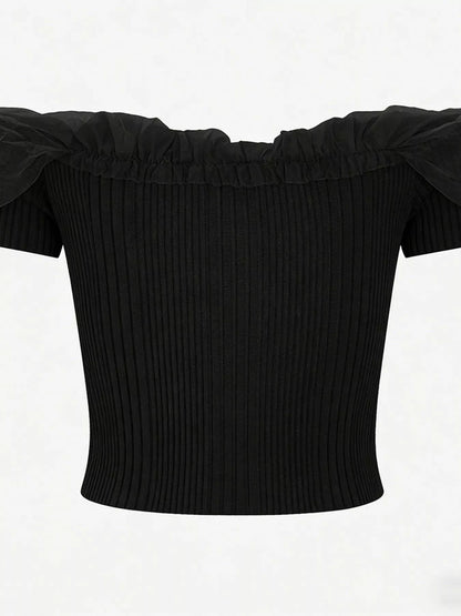 Ribbed Knit Off-Shoulder Ruffle Trim Top