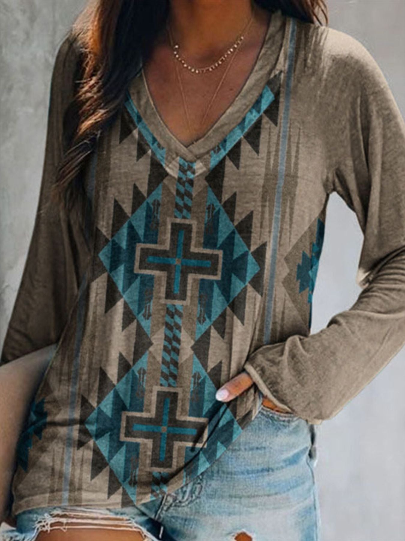 Full Size Geometric V-Neck Long Sleeve T-Shirt Plus Size