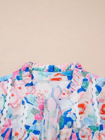 Floral Print Tie V Neck Contrast Detail Ruffle Short Sleeve Blouse