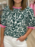 Damask Print Ruffled Color Block Detail Half Sleeve Blouse