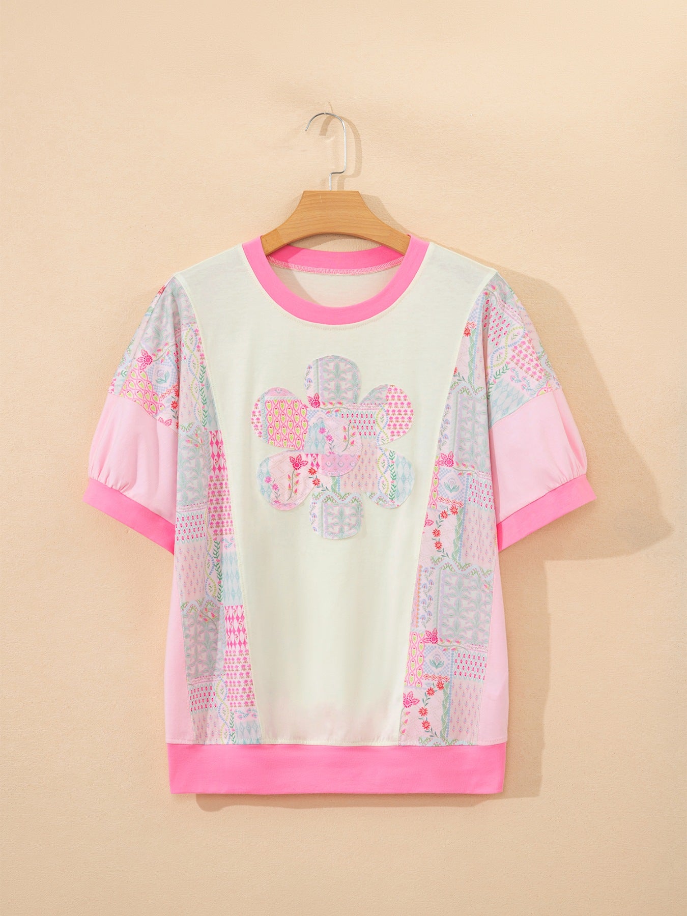 Color Block Floral Patchwork Big Flower Accent Relaxed Top
