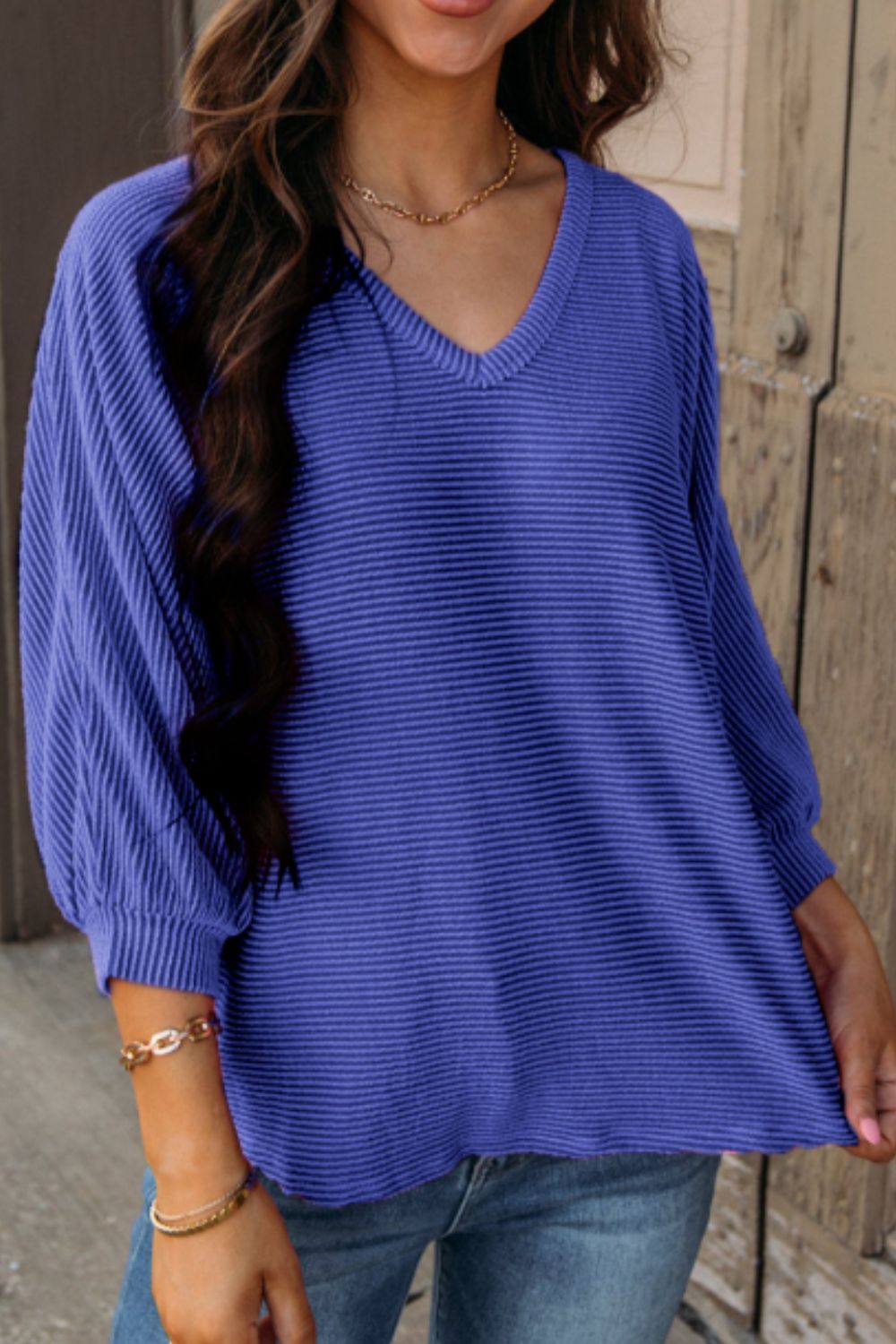 Texture V-Neck Long Sleeve Top