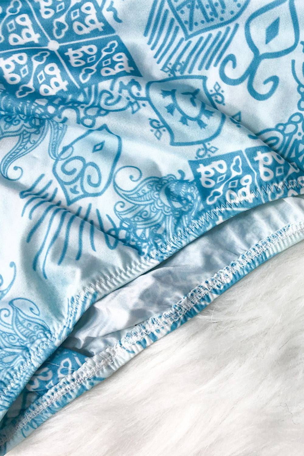 Close-up of blue printed fabric of swimwear