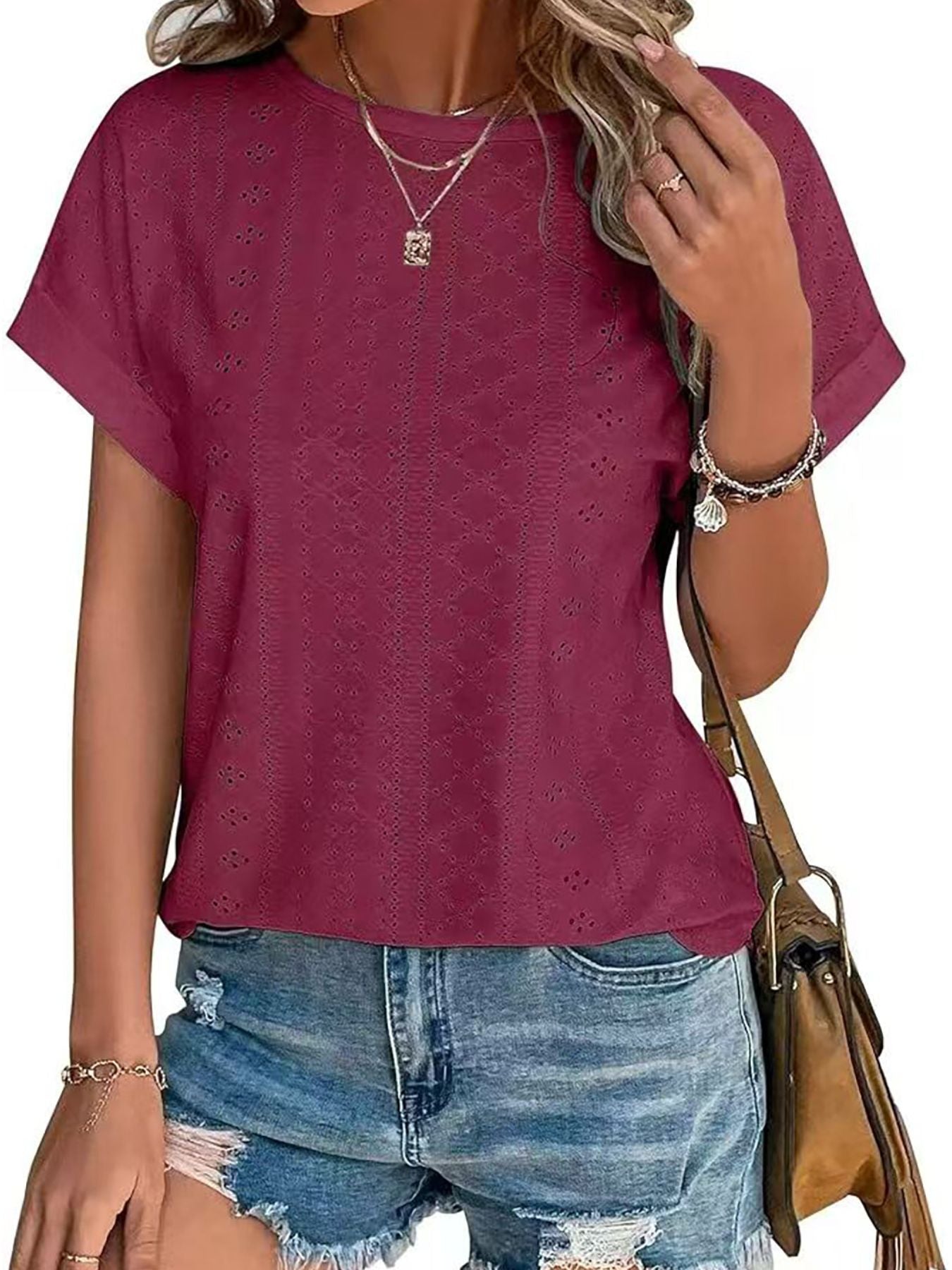 Eyelet Round Neck Short Sleeve Top