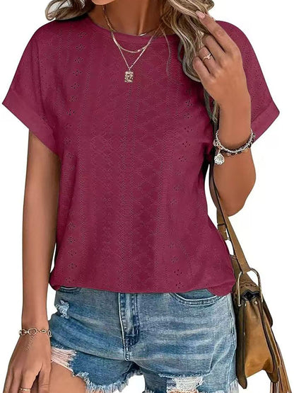 Eyelet Round Neck Short Sleeve Top