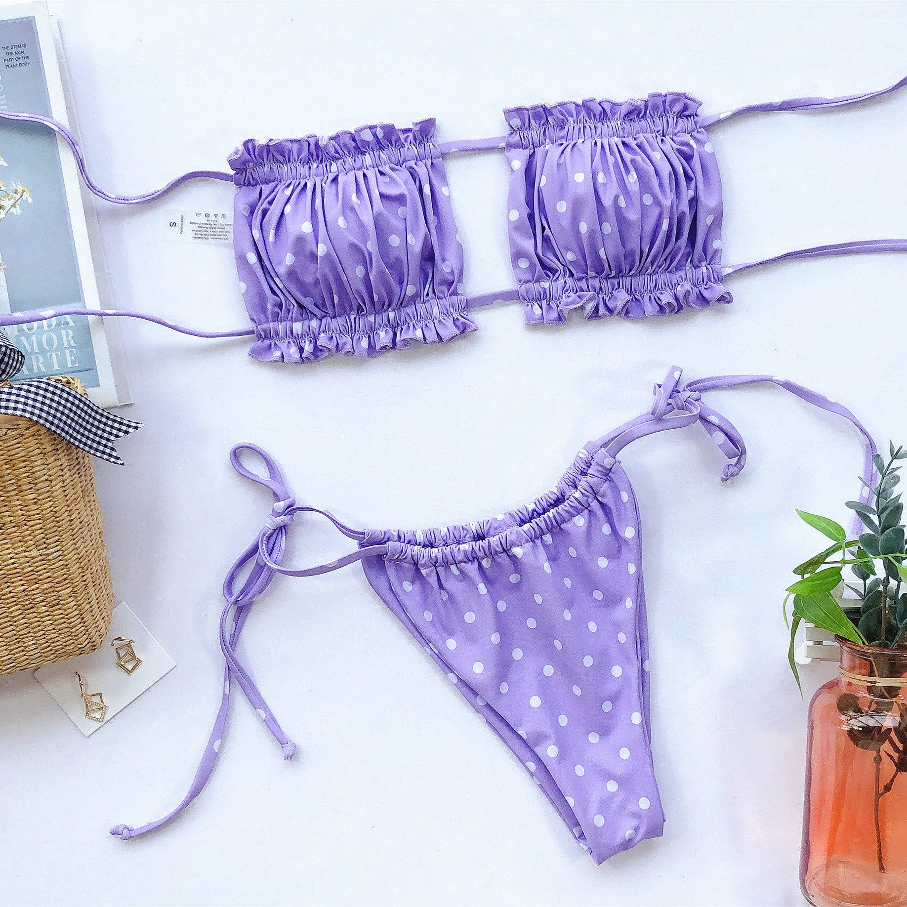 Purple frill trim ruched bikini set flat lay