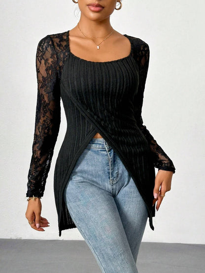 Square Neck Lace Patchwork Long Sleeve T-Shirt