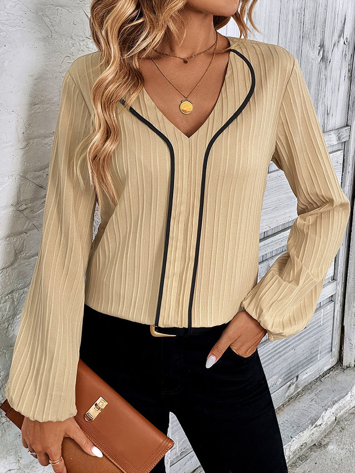 Contrast V-Neck Long Sleeve Blouse